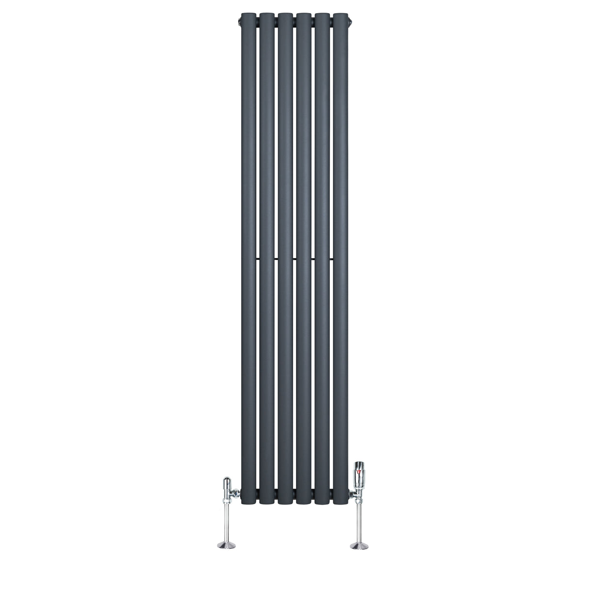 Radiador de columna ovalado en gris antracita, con válvulas, diseño elegante y moderno, ideal para espacios contemporáneos