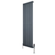 Radiador de columna ovalado en gris antracita, con diseño moderno y válvulas, mide 1600 mm de alto y 480 mm de ancho