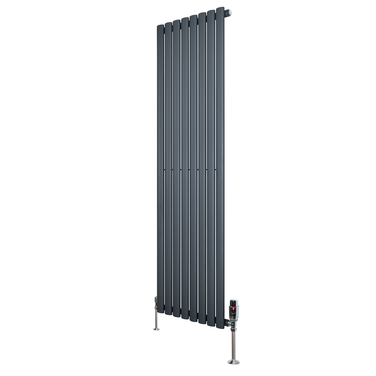 Radiador de columna ovalado en gris antracita, con diseño moderno y válvulas, mide 1600 mm de alto y 480 mm de ancho