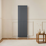 Radiador de columna ovalado en gris antracita, con válvulas, instalado en pared clara, junto a mesa de madera y decoración minimalista