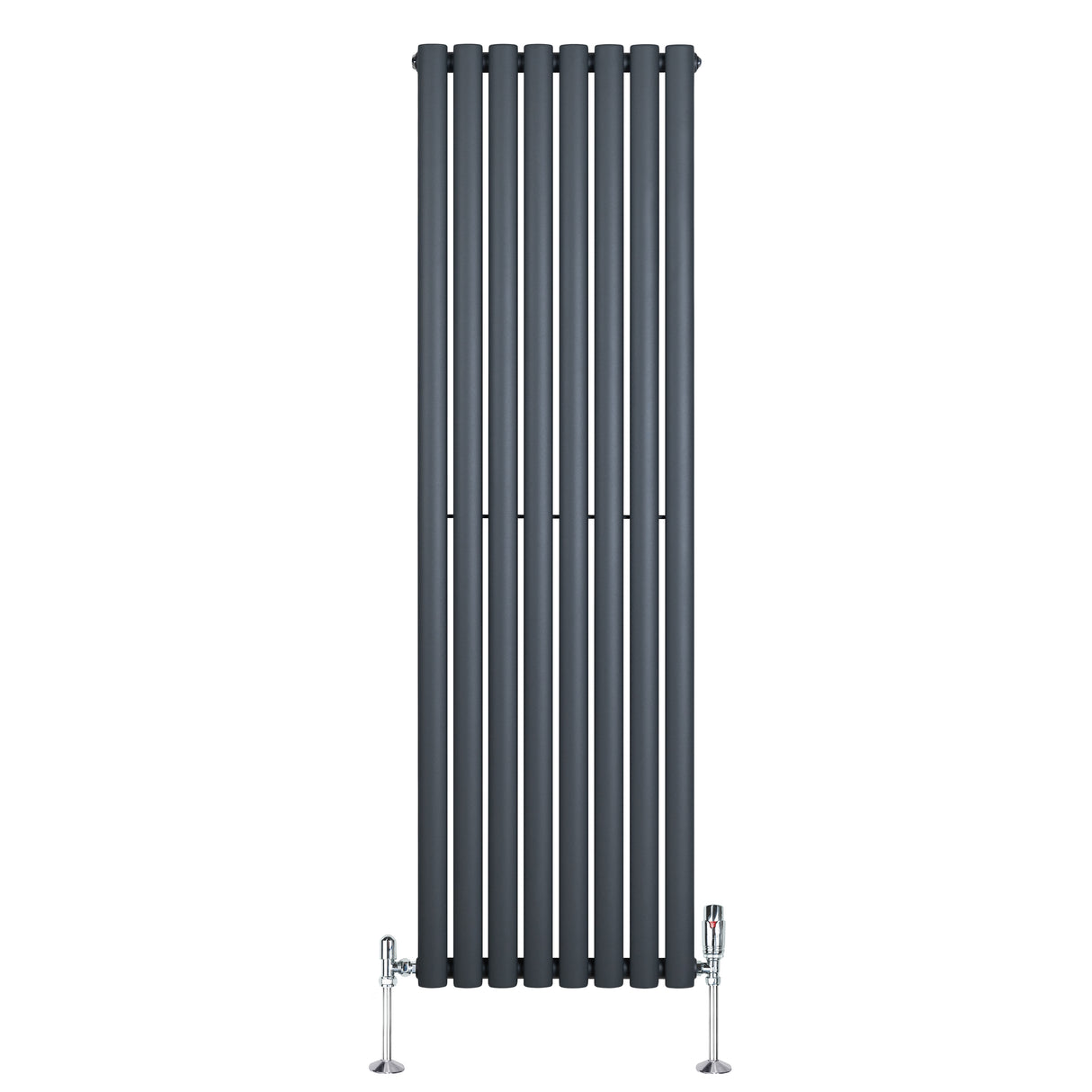 Radiador de columna ovalado en gris antracita, con válvulas, diseño vertical y acabado liso, ideal para espacios modernos