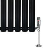 Radiador de columna ovalado negro de 1600 mm x 480 mm con válvulas brillantes, diseño elegante y acabado liso y moderno