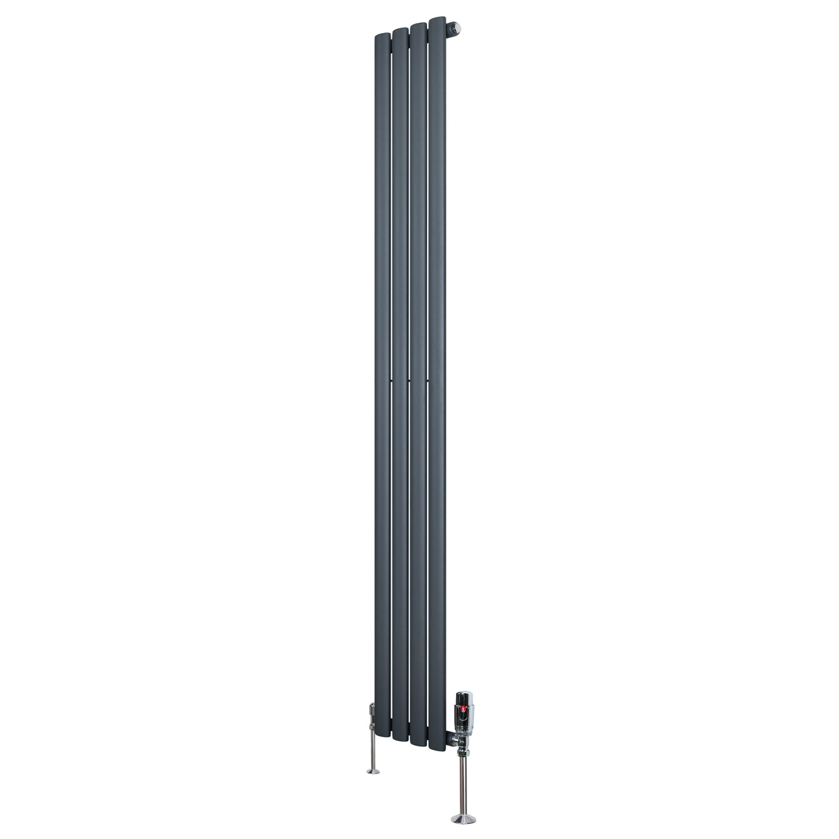 Radiador de columna ovalado en gris antracita, con diseño vertical y válvulas, mide 1800 mm de alto y 240 mm de ancho