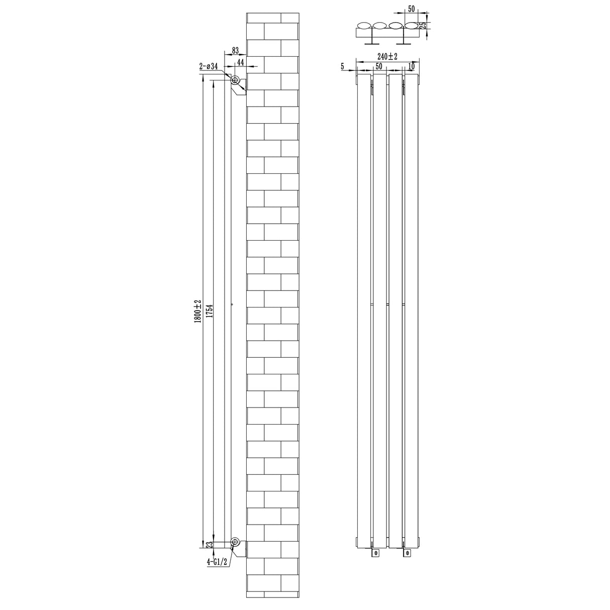 Radiador de columna ovalado blanco de 1800 mm x 240 mm, con diseño simple y válvulas, ideal para calefacción eficiente