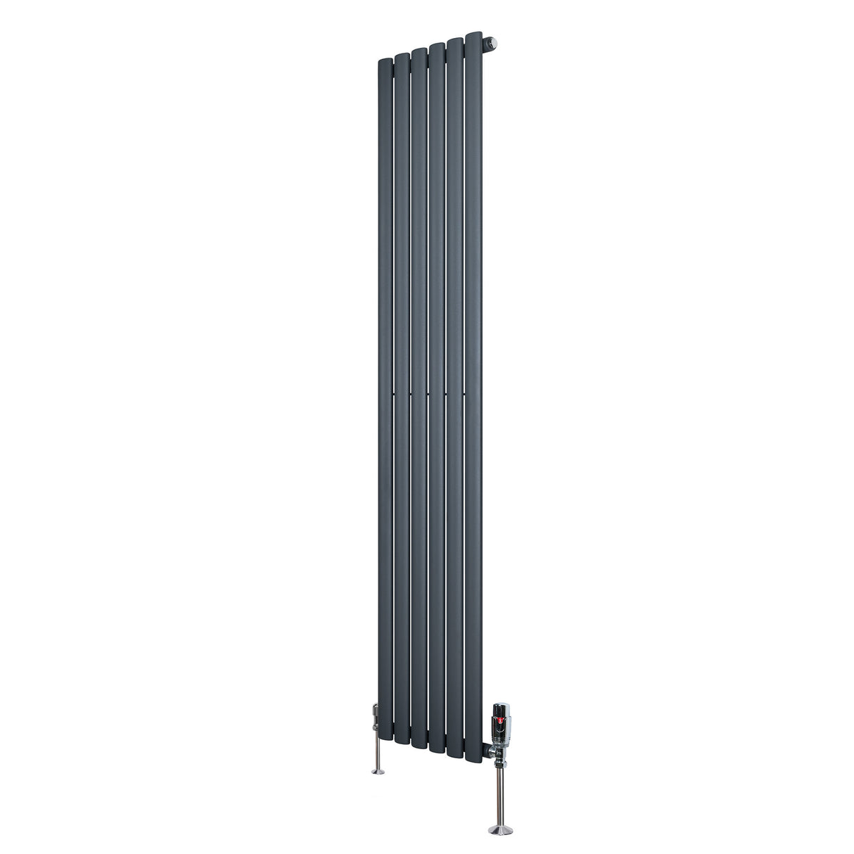 Radiador de columna ovalado en gris antracita, con diseño moderno y válvulas, mide 1800 mm de alto y 360 mm de ancho
