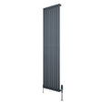 Radiador de columna ovalado en gris antracita, con diseño vertical, medidas 1800 mm x 480 mm y válvulas en la base