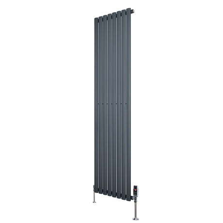 Radiador de columna ovalado en gris antracita, con diseño vertical, medidas 1800 mm x 480 mm y válvulas en la base