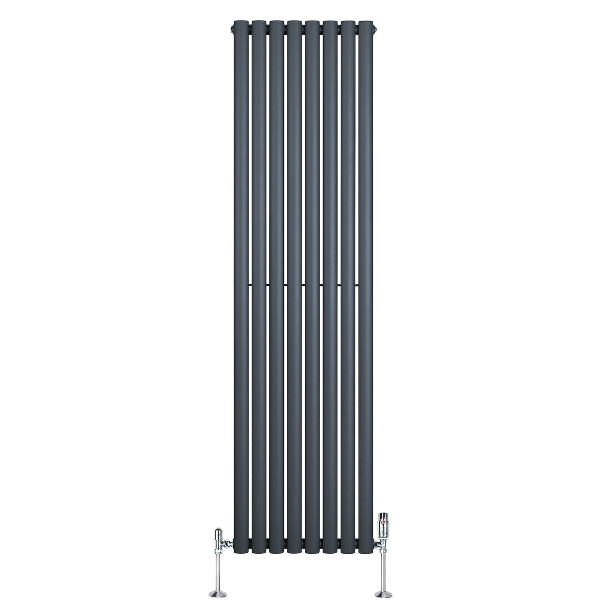 Radiador de columna ovalado en gris antracita, con diseño vertical y válvulas, dimensiones 1800 mm x 480 mm, acabado liso y moderno
