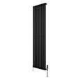 Radiador de columna ovalado negro de 1800 mm x 480 mm, con diseño elegante y válvulas en la parte inferior para un fácil control térmico