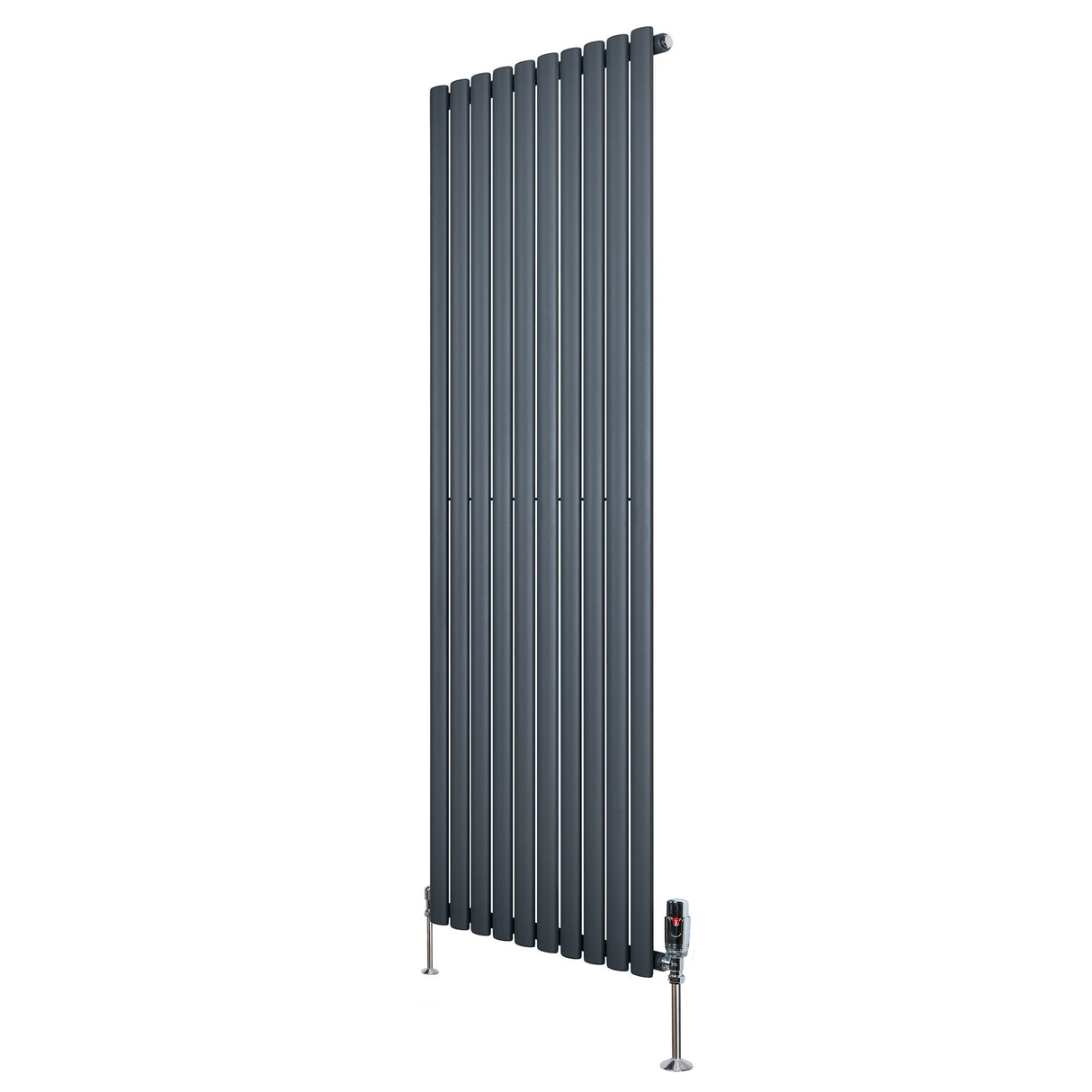 Radiador de columna ovalado en gris antracita, con diseño vertical y válvulas, mide 1800 mm de alto y 600 mm de ancho
