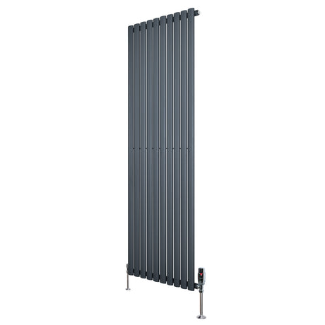 Radiador de columna ovalado en gris antracita, con diseño vertical y válvulas, mide 1800 mm de alto y 600 mm de ancho