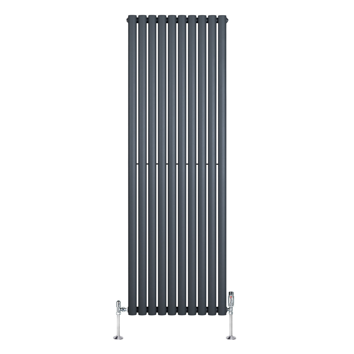 Radiador de columna ovalado en gris antracita, con diseño vertical y válvulas, mide 1800 mm de alto y 600 mm de ancho