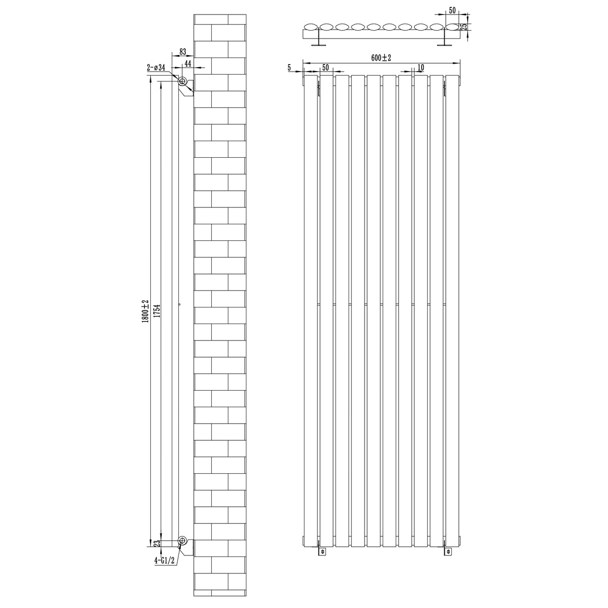 Radiador de columna ovalado blanco de 1800 mm x 600 mm, con diseño elegante y válvulas integradas, ideal para espacios modernos