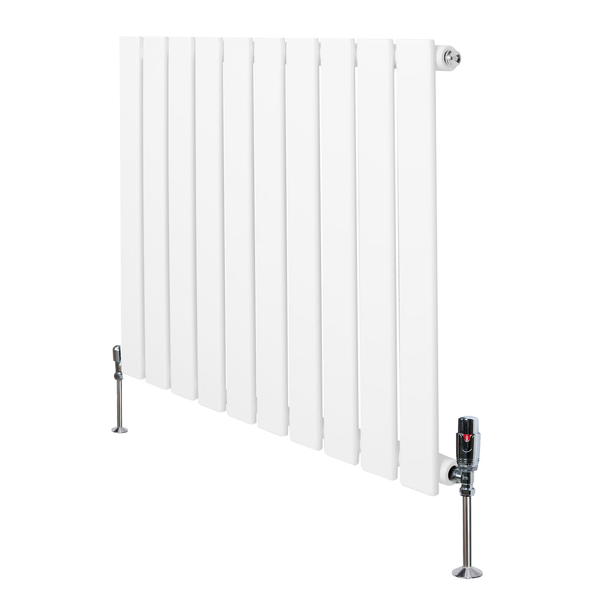 Radiador plano de columna simple en color blanco, con diseño moderno y válvulas en la parte inferior, dimensiones 600 x 700 mm