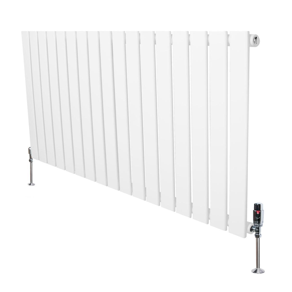 Radiador plano de columna simple en color blanco, con diseño de lamas verticales y válvulas en ambos extremos, 600 x 1190 mm