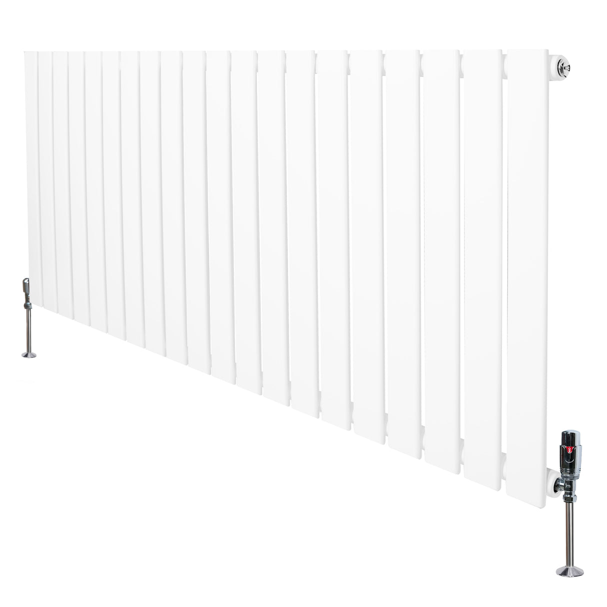 Radiador plano de columna simple en color blanco, con diseño moderno y válvulas, mide 600 x 1400 mm, ideal para calefacción eficiente