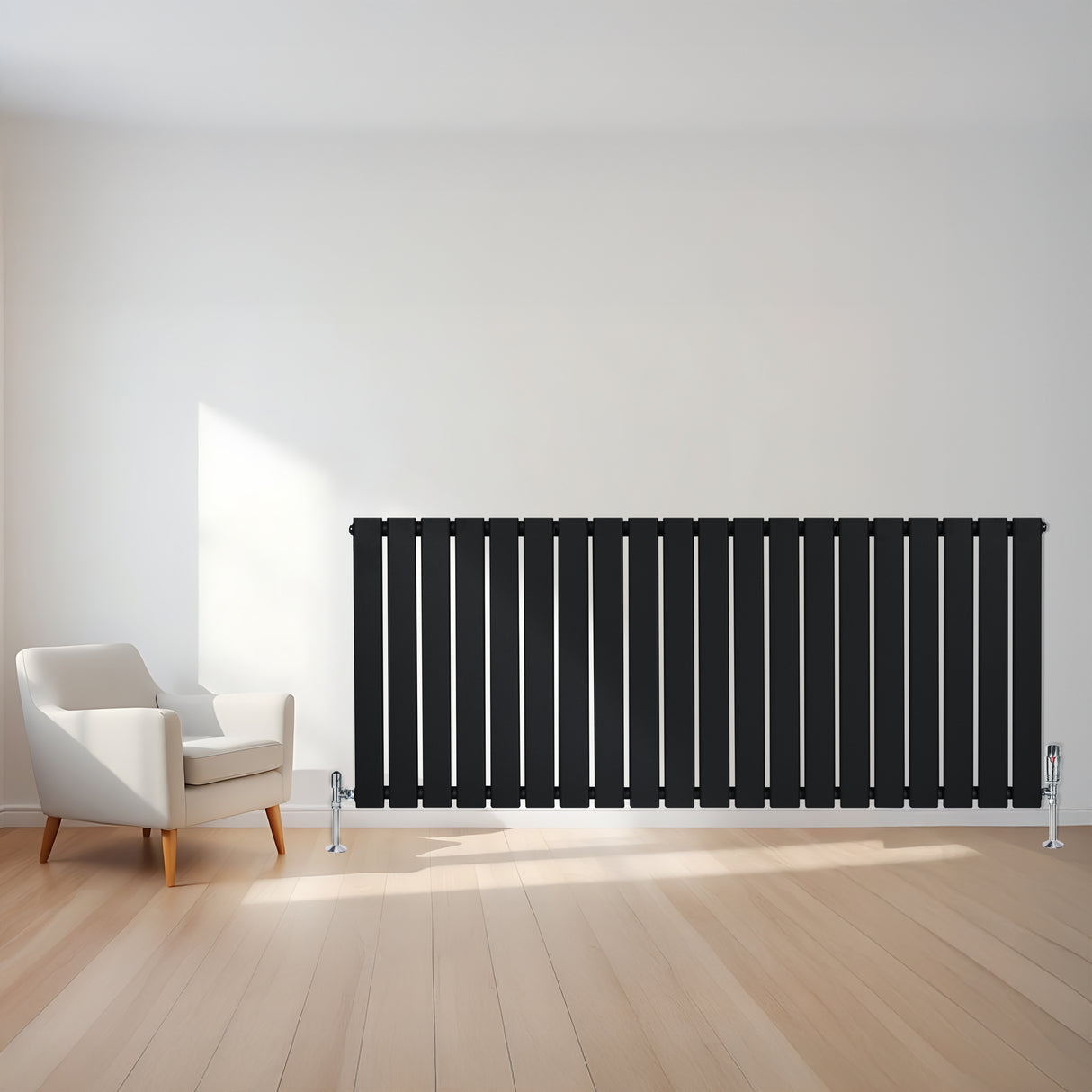 Radiador plano de columna simple negro de 600 x 1400 mm, con diseño moderno y acabado liso, instalado en una pared blanca
