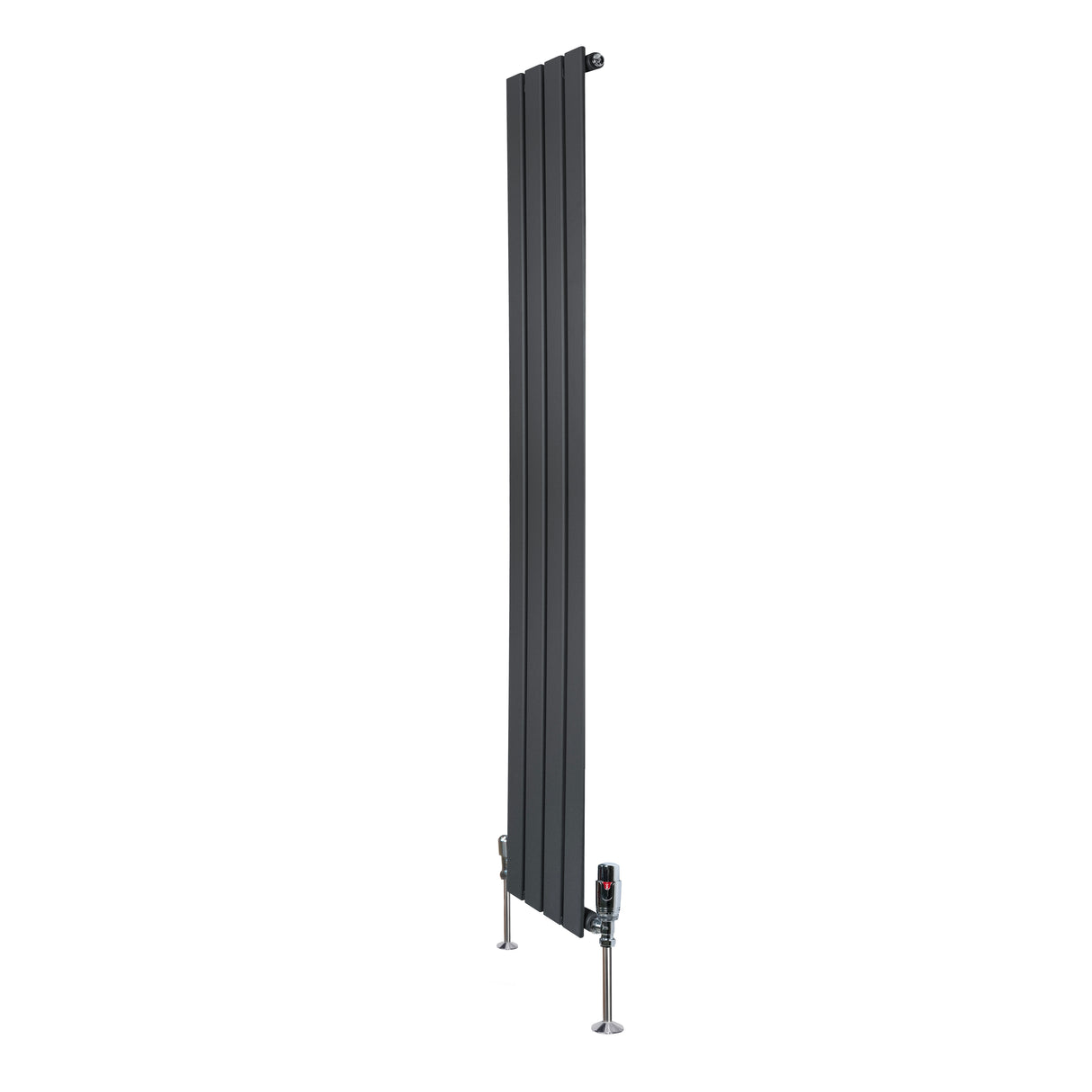 Radiador plano de columna simple en gris antracita, con diseño vertical y válvulas, ideal para espacios modernos y elegantes