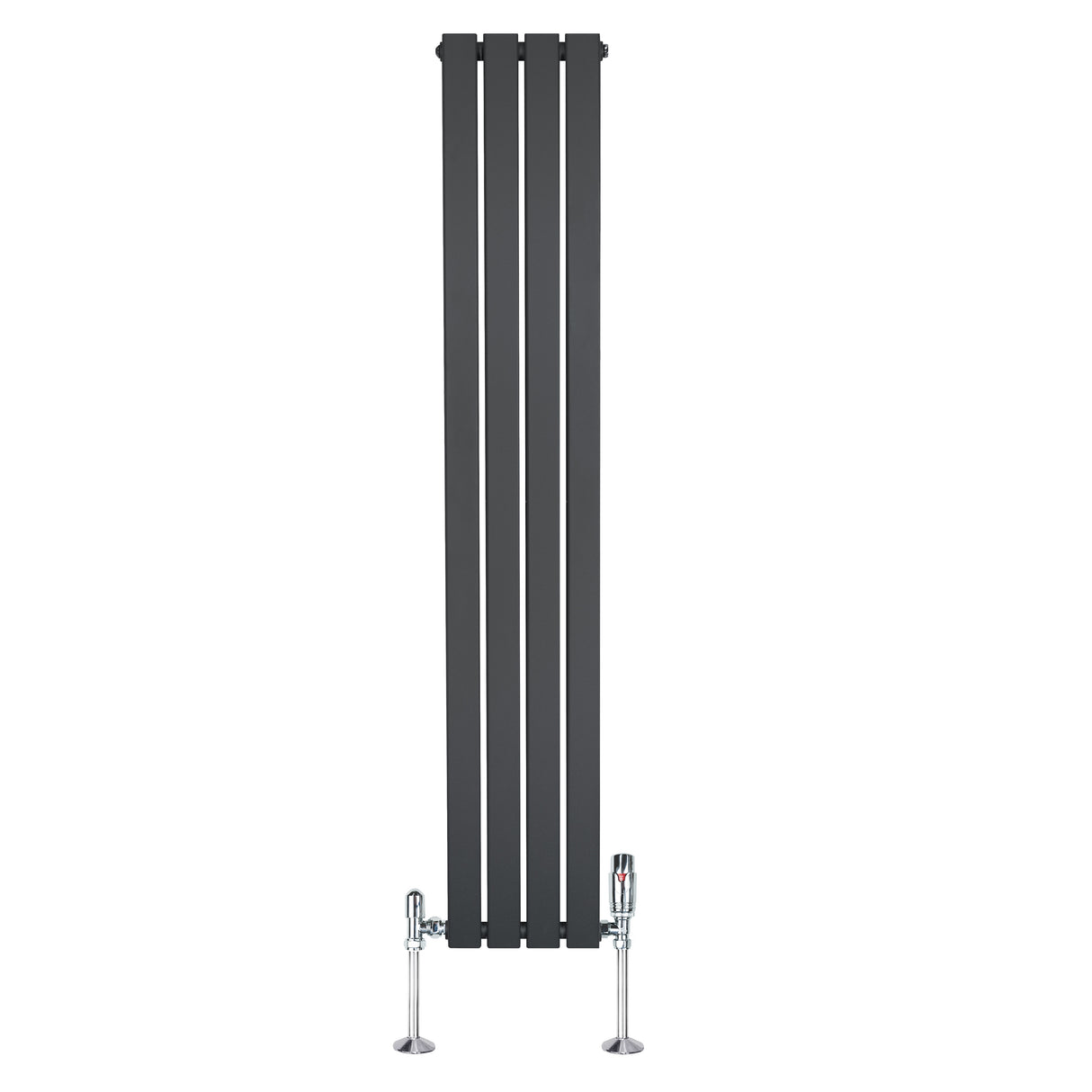 Radiador plano de columna simple en gris antracita, con diseño vertical y válvulas cromadas, ideal para espacios modernos