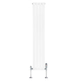 Radiador plano de columna simple en color blanco, con diseño vertical y válvulas cromadas, mide 1600 x 280 mm