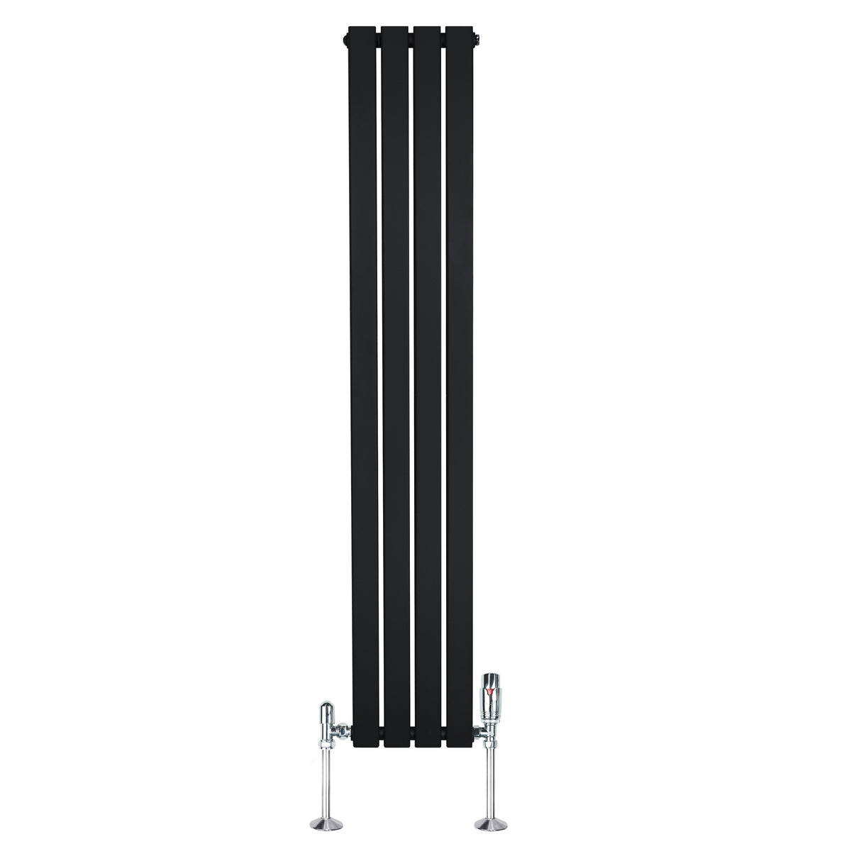 Radiador plano de columna simple en color negro, con diseño vertical y válvulas, dimensiones 1600 x 280 mm, acabado liso y moderno
