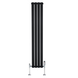 Radiador plano de columna simple en color negro, con diseño vertical y válvulas, dimensiones 1600 x 280 mm, acabado liso y moderno