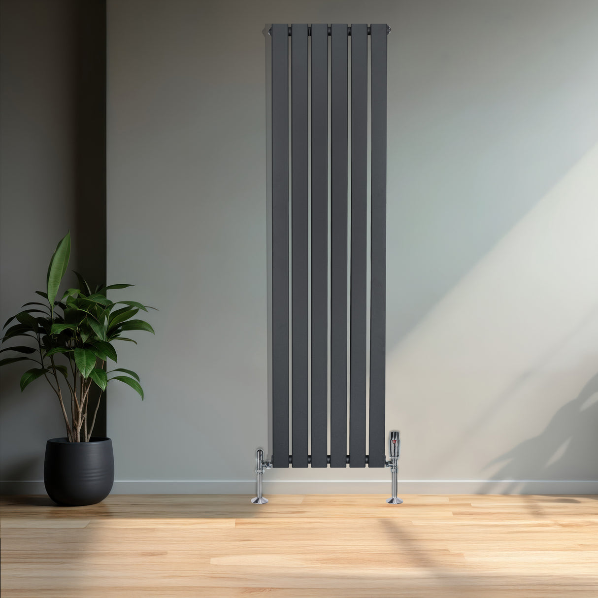 Radiador plano de columna simple en gris antracita, con válvulas, diseño vertical y acabado liso, ideal para decoración moderna