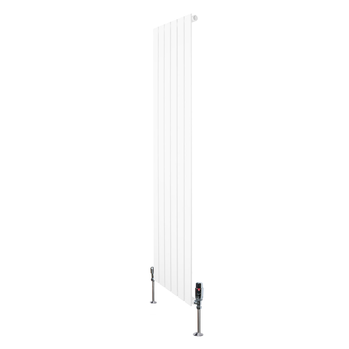 Radiador plano de columna simple en color blanco, con diseño vertical y válvulas en la parte inferior, ideal para espacios modernos