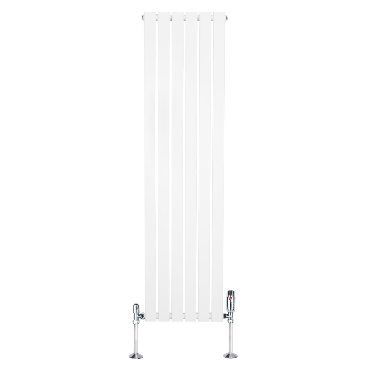 Radiador plano de columna simple en color blanco, con diseño vertical y válvulas cromadas, ideal para espacios modernos y elegantes