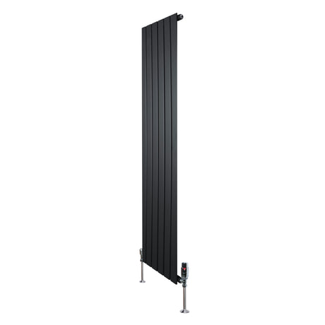 Radiador plano de columna simple en color negro, dimensiones 1600 x 420 mm, con válvulas y diseño moderno y elegante