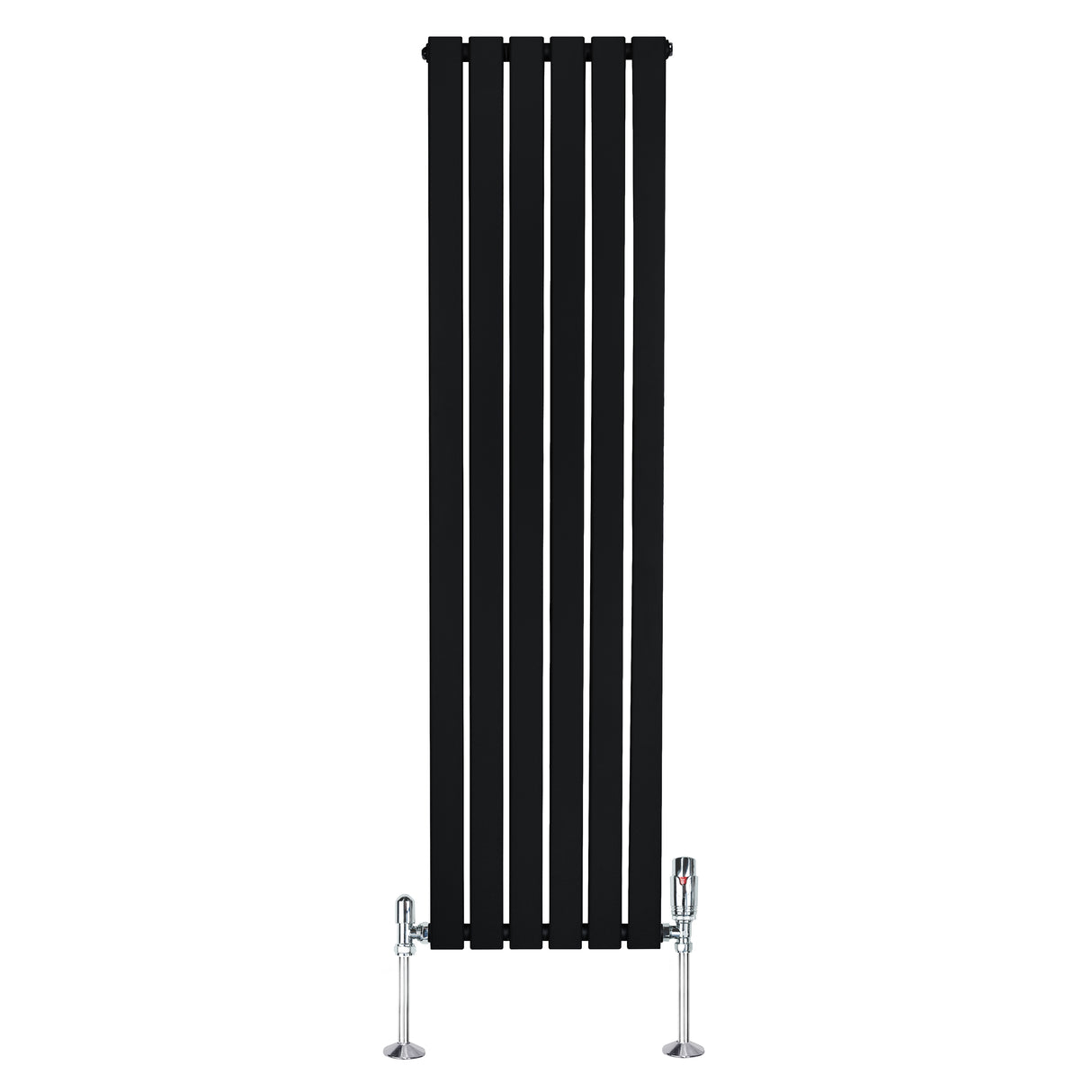 Radiador plano de columna simple en color negro, con diseño vertical y válvulas metálicas, mide 1600 x 420 mm
