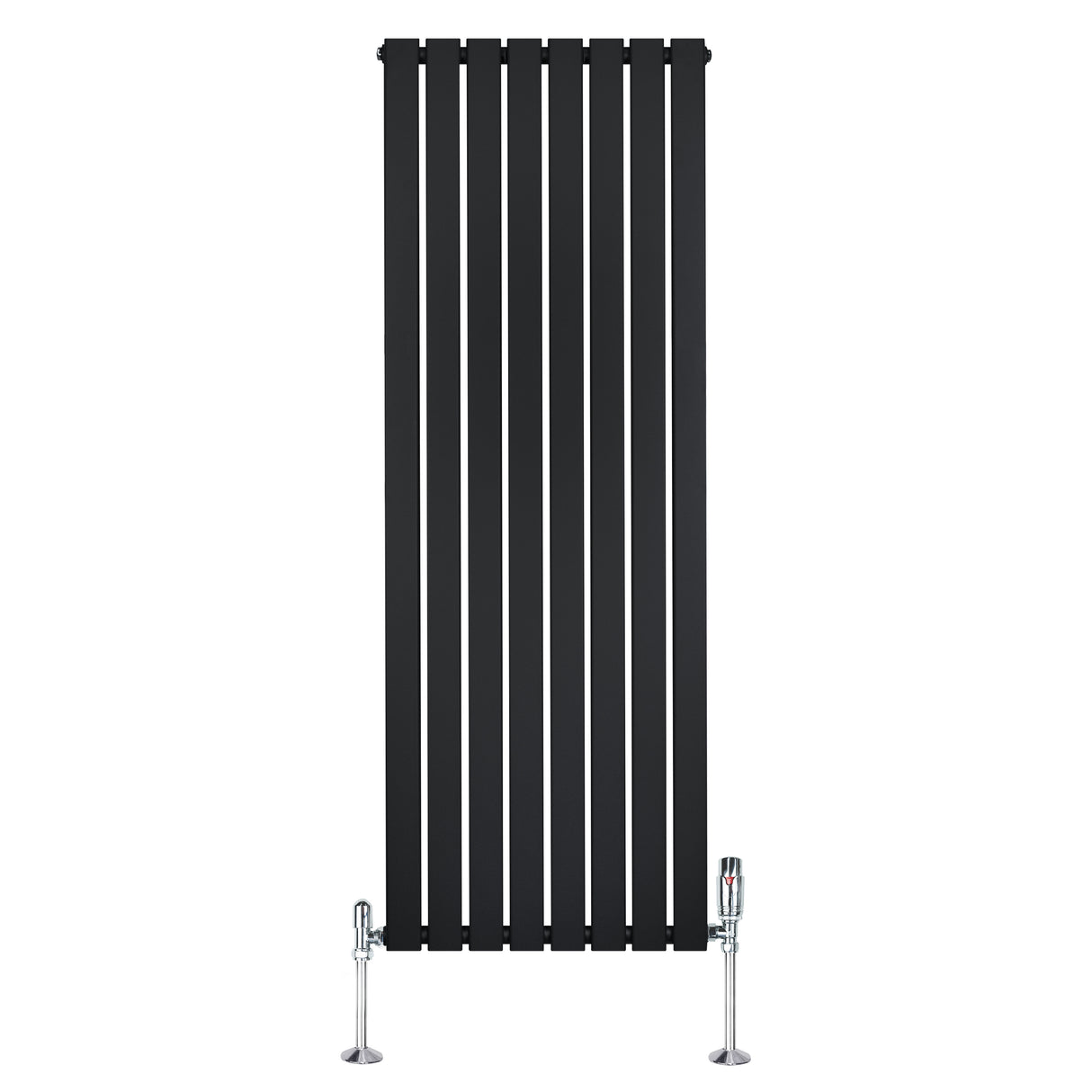 Radiador plano de columna simple en color negro, con diseño vertical y válvulas en la parte inferior, ideal para espacios modernos