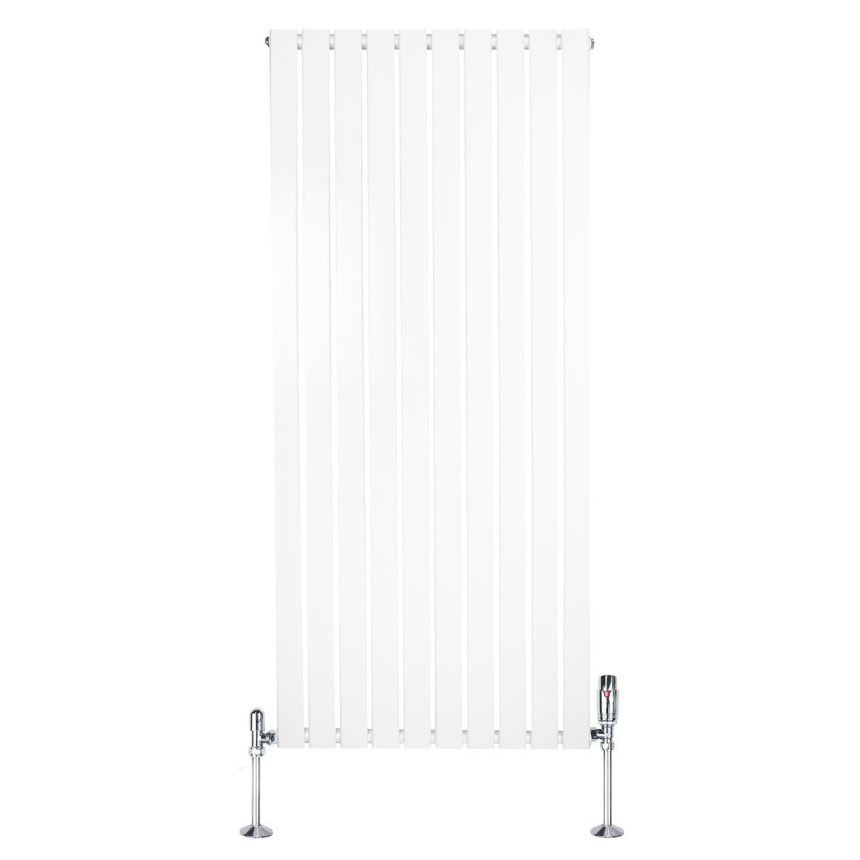 Radiador plano de columna simple en color blanco, con diseño vertical y válvulas cromadas en la parte inferior, ideal para espacios modernos