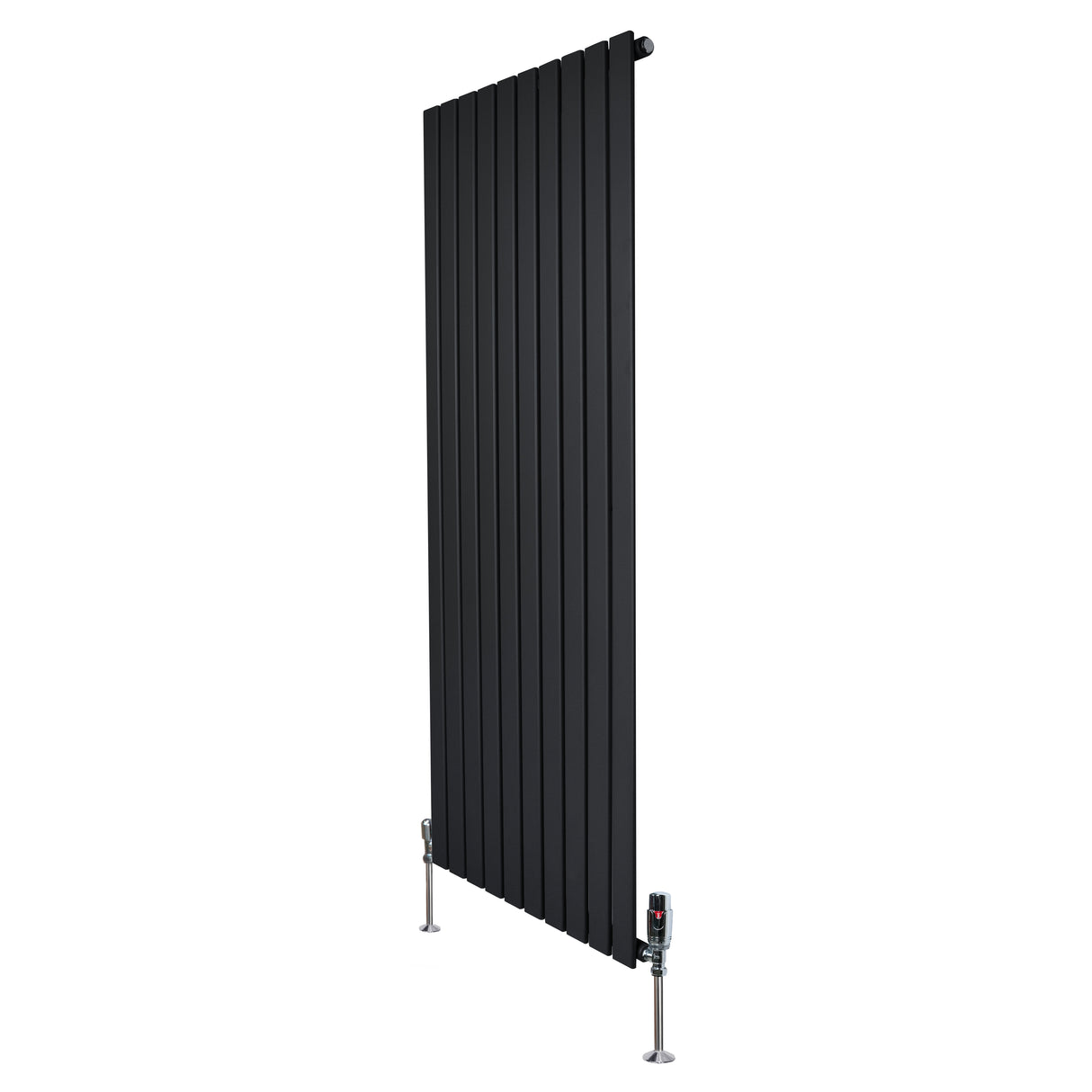 Radiador plano de columna simple en color negro, con diseño vertical y válvulas en la parte inferior, ideal para espacios modernos