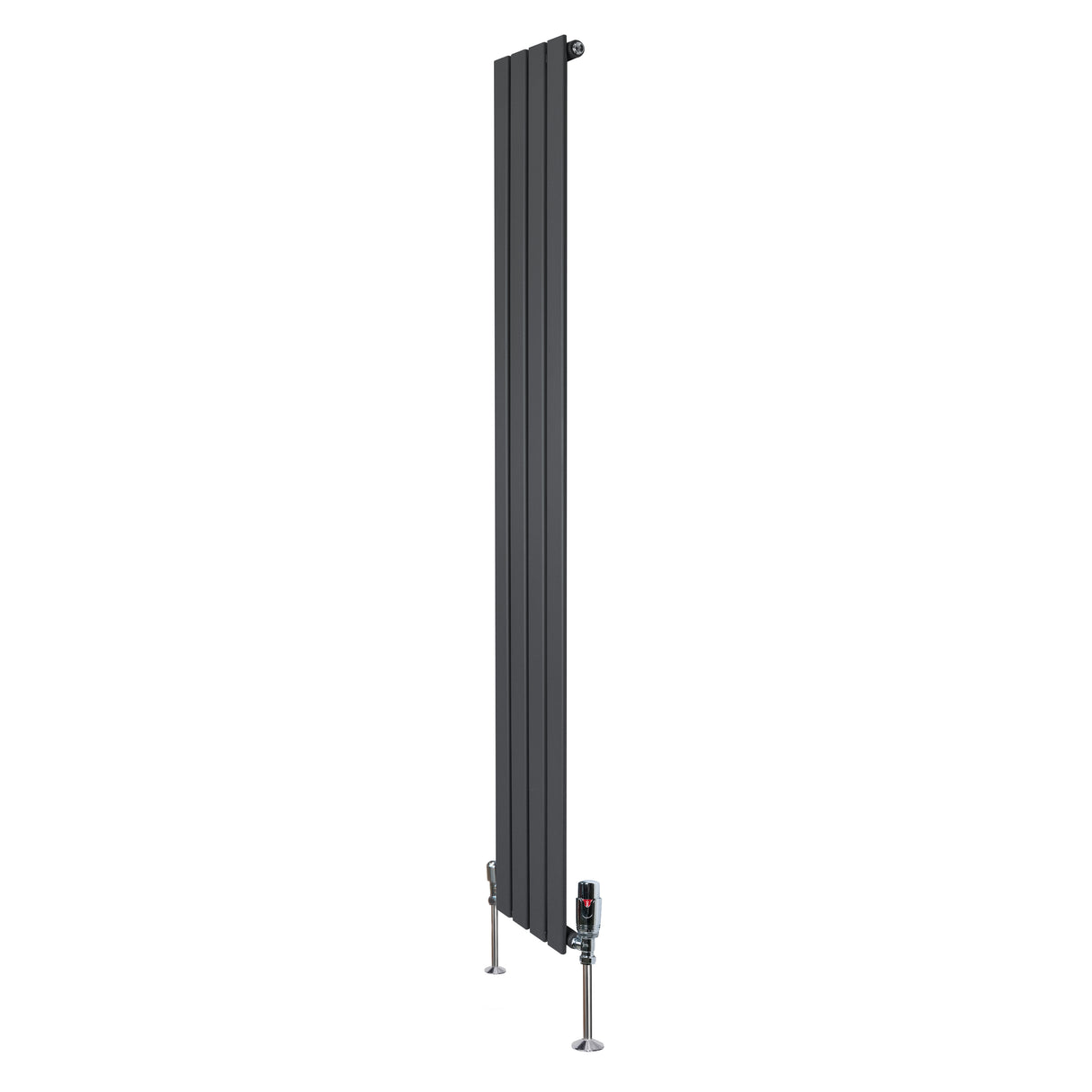 Radiador plano de columna simple en gris antracita, mide 1800 mm x 280 mm, con válvulas en la base y diseño moderno y elegante