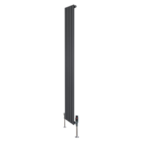 Radiador plano de columna simple en gris antracita, mide 1800 mm x 280 mm, con válvulas en la base y diseño moderno y elegante