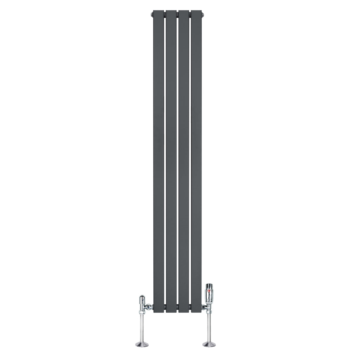Radiador plano de columna simple en gris antracita, con cuatro paneles verticales y válvulas cromadas en la base, elegante y moderno