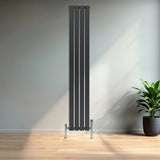 Radiador plano de columna simple en gris antracita, con válvulas, de 1800 mm x 280 mm, instalado en un ambiente moderno y luminoso
