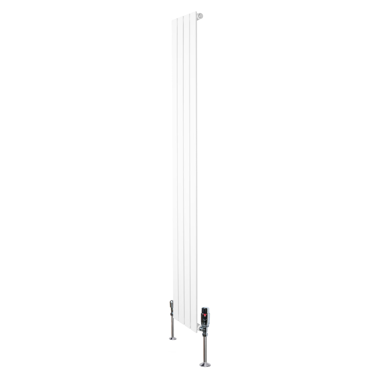 Radiador plano de columna simple en color blanco, mide 1800 mm x 280 mm, con válvulas y un diseño moderno y elegante