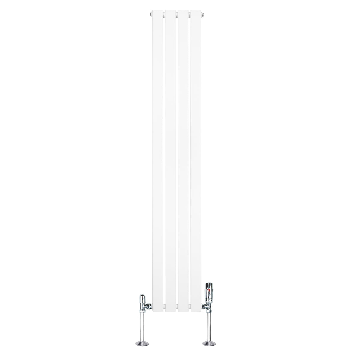 Radiador plano de columna simple en color blanco, con diseño vertical y válvulas cromadas, mide 1800 mm x 280 mm