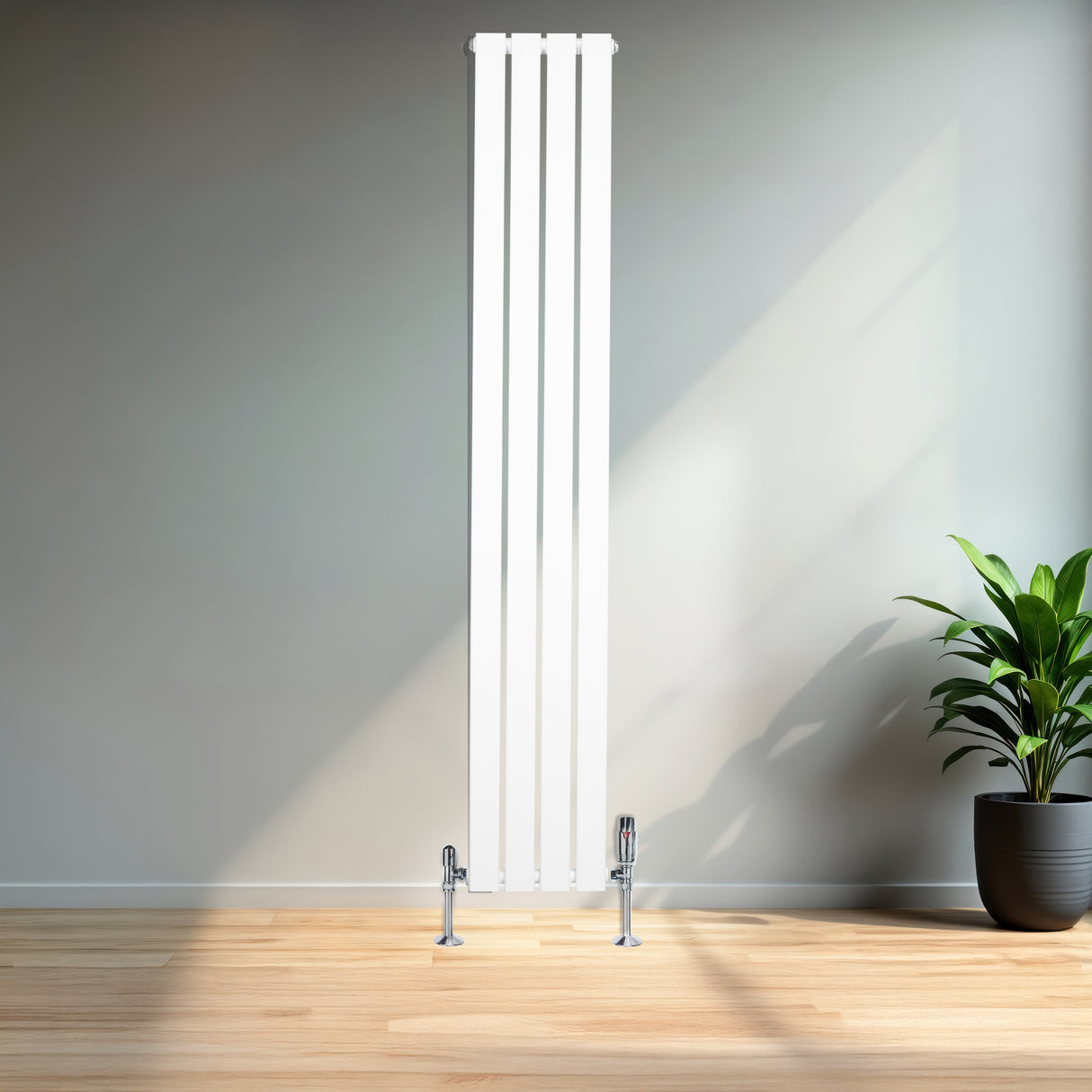 Radiador plano de columna simple de 1800 mm x 280 mm en color blanco, con válvulas, instalado en un ambiente moderno y luminoso