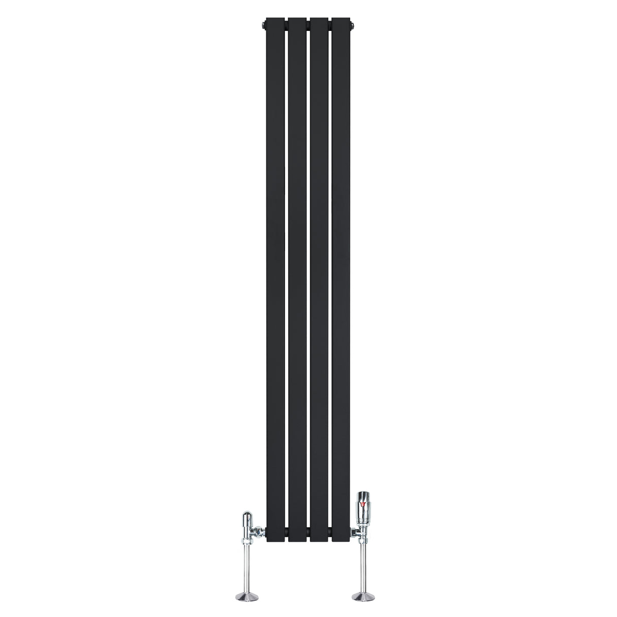Radiador plano de columna simple en color negro, con diseño vertical y válvulas, mide 1800 mm de alto y 280 mm de ancho