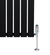 Radiador plano de columna simple negro de 1800 mm x 280 mm con válvulas brillantes y diseño moderno y minimalista