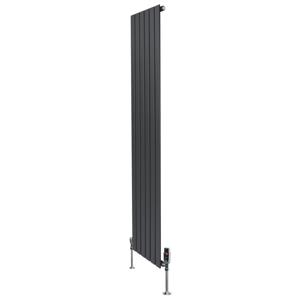 Radiador plano de columna simple en gris antracita, con diseño vertical y válvulas, ideal para espacios modernos y elegantes