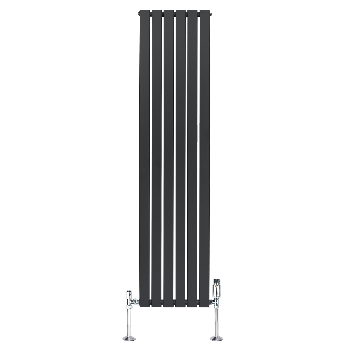 Radiador plano de columna simple en gris antracita, con diseño vertical y válvulas cromadas, ideal para espacios modernos