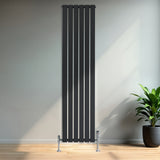 Radiador plano de columna simple en gris antracita, con diseño vertical y válvulas, colocado en una pared clara junto a una planta decorativa