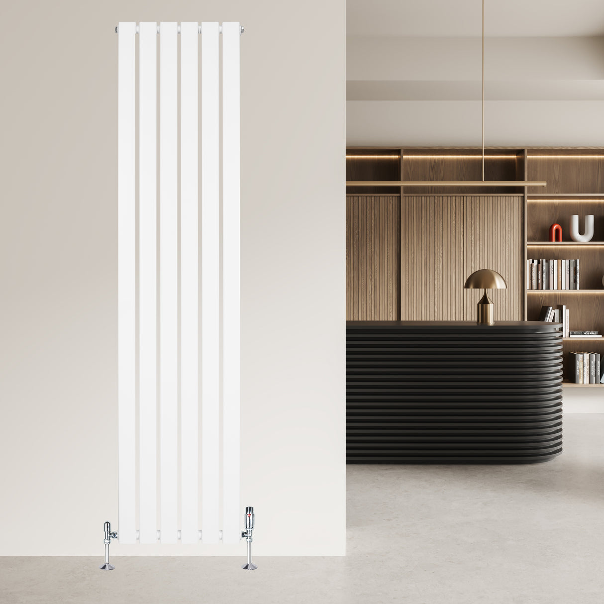 Radiador plano de columna simple blanco de 1800 mm x 420 mm, con válvulas, instalado en un moderno ambiente minimalista