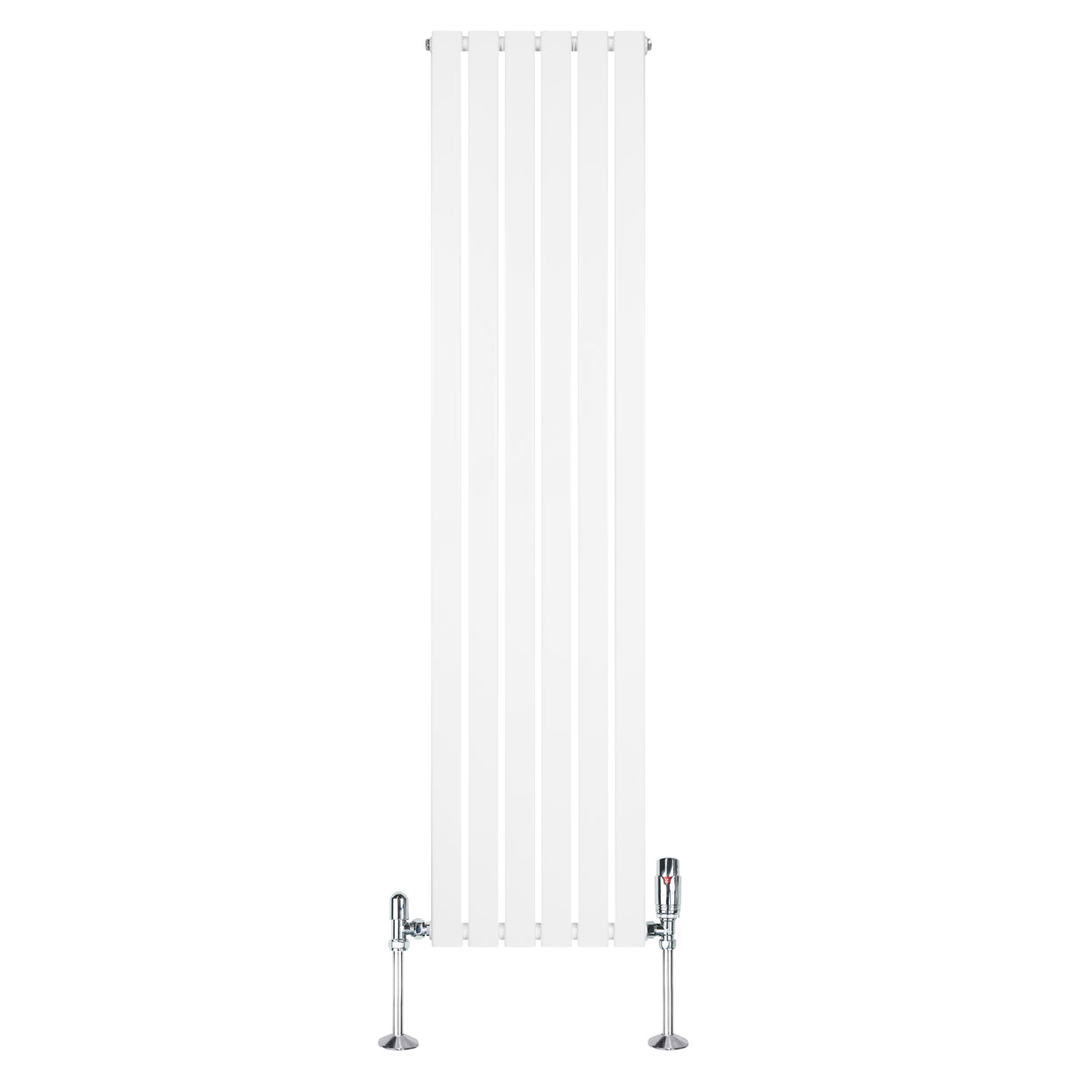 Radiador plano de columna simple en color blanco, con diseño vertical y válvulas cromadas, mide 1800 mm x 420 mm