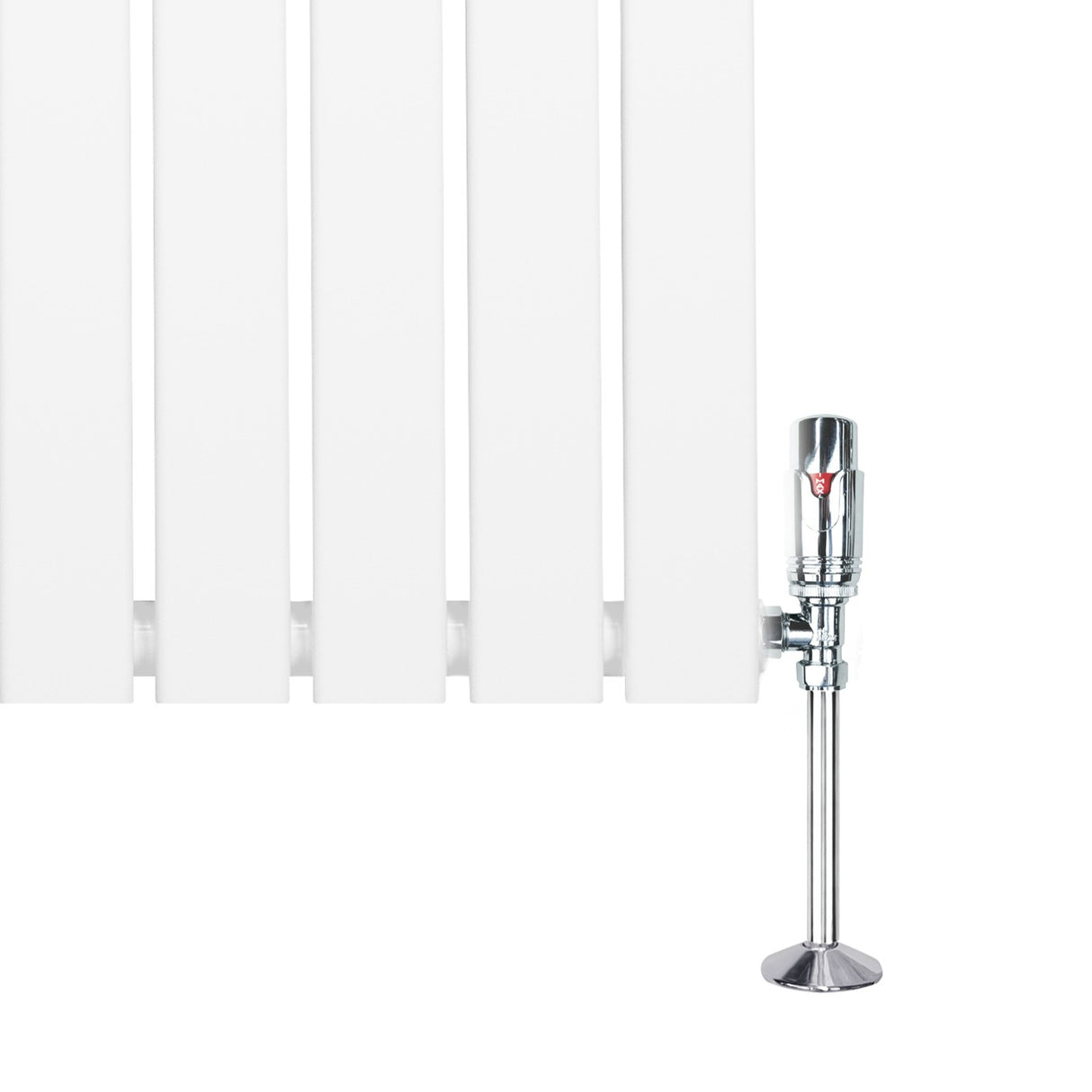 Radiador plano de columna simple en color blanco, con válvulas cromadas, dimensiones 1800 mm x 420 mm, diseño moderno y elegante
