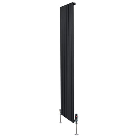Radiador plano de columna simple negro de 1800 mm x 420 mm, con válvulas, diseño moderno y acabado liso y elegante